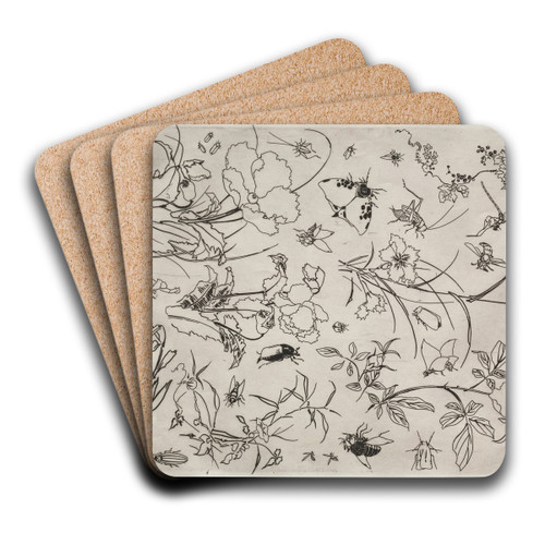 Dinner Service (Rousseau service); Flowers and Insects (no. 15) by Flix Bracquemond Art Drink Coaster set Dinner Service (Rousseau service); Flowers and Insects (no. 15) by Flix Bracquemond Art Drink Coaster set