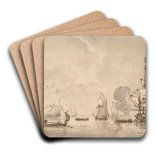 A Frigate at Anchor, Saluting a Nearby Yacht by Willem van de Velde the Elder Art Drink Coaster set