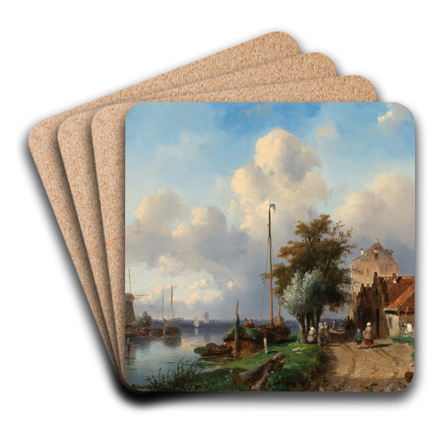 A River Landscape with Figures on the Bank by Charles Leickert Art Drink Coaster set