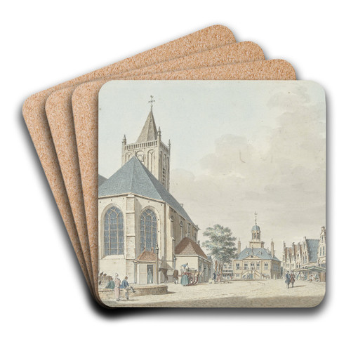 De markt te Vlaardingen met de kerk en het stadhuis by Pieter Jan van Liender Art Drink Coaster set