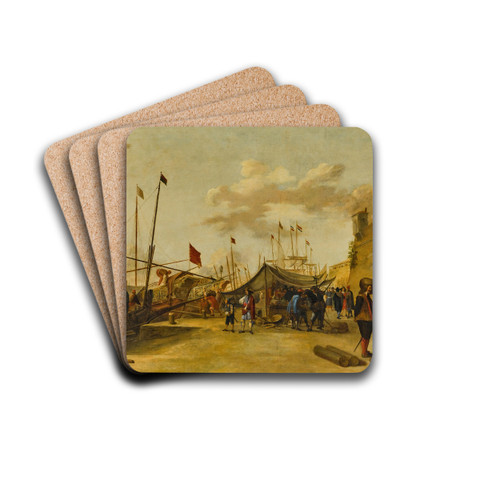 A Mediterranean harbour scene with trading barges and Dutch shipping by Genoese School Drink Coasters - set of 4