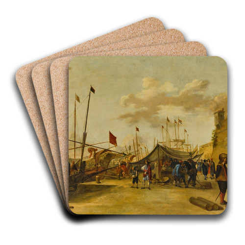 A Mediterranean harbour scene with trading barges and Dutch shipping by Genoese School Art Drink Coaster set