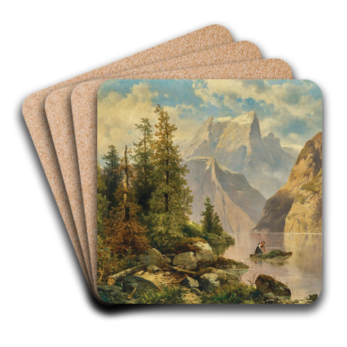 A Mountain Lake with a Boat by Josef Thoma Art Drink Coaster set A Mountain Lake with a Boat by Josef Thoma Art Drink Coaster set