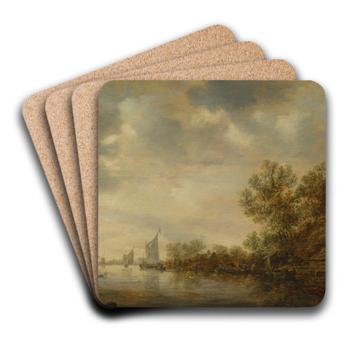 A river landscape with sailing vessels, fishermens boats and a ferry with peasants and cattle by Jan van Goyen Art Drink Coaster set