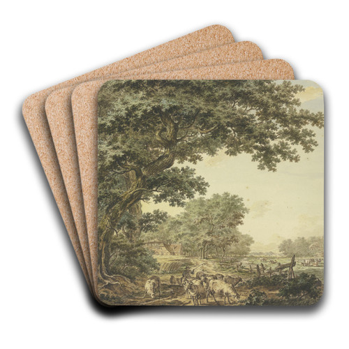 Wiesengrund zwischen dem Wald mit vielem Vieh, vorne ein Schfer mit seiner Herde, auf einer Brcke rechts ein Angler by Jacob Cats Art Drink Coaster set