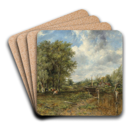 A wooded landscape with a cattle and cottage beyond by Frederick Waters Watts Art Drink Coaster set