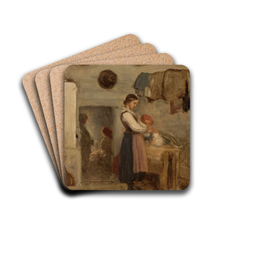Peasant cottage interior by Aleksander Kotsis Drink Coasters - set of 4