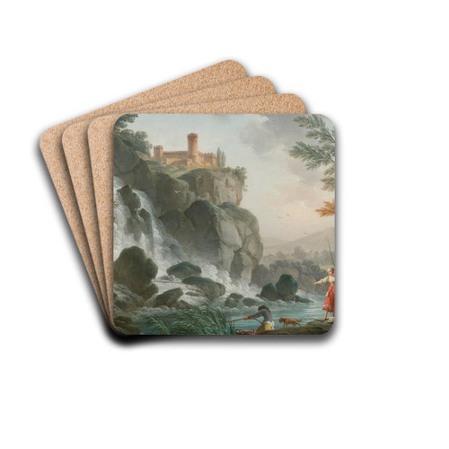 Fishing At The Edge Of A River With A Waterfall, Below A Castle by Charles-Franois Grenier De Lacroix Drink Coasters - set of 4 Fishing At The Edge Of A River With A Waterfall, Below A Castle by Charles-Franois Grenier De Lacroix Drink Coasters - set of 4