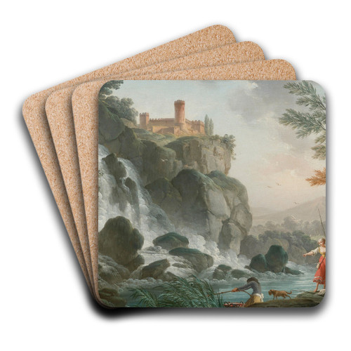 Fishing At The Edge Of A River With A Waterfall, Below A Castle by Charles-Franois Grenier De Lacroix Art Drink Coaster set Fishing At The Edge Of A River With A Waterfall, Below A Castle by Charles-Franois Grenier De Lacroix Art Drink Coaster set