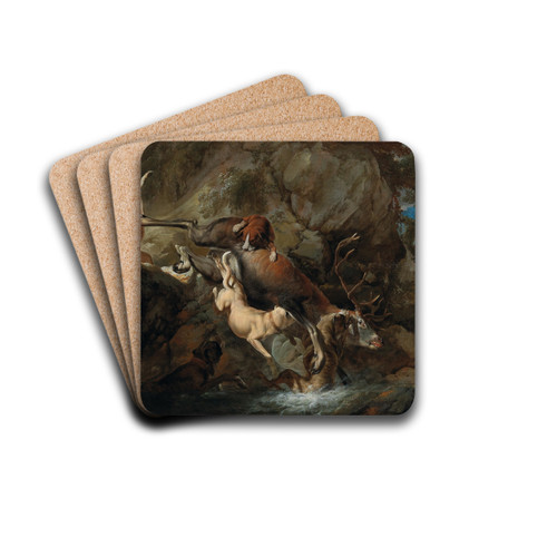 Dogs attacking a stag by Carl Borromus Andreas Ruthart Drink Coasters - set of 4