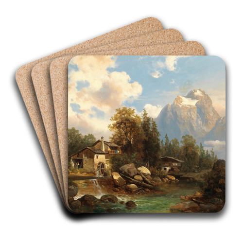A Mill by a Mountain River, in the Background the Dachstein Massif by Josef Thoma Art Drink Coaster set