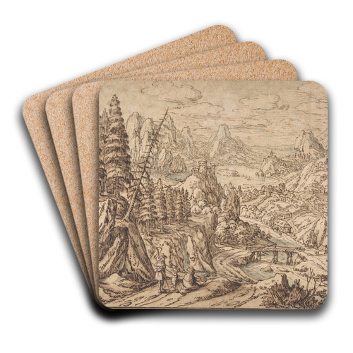 Mountainous Landscape with Travelers on a Road by Tobias Verhaecht Art Drink Coaster set
