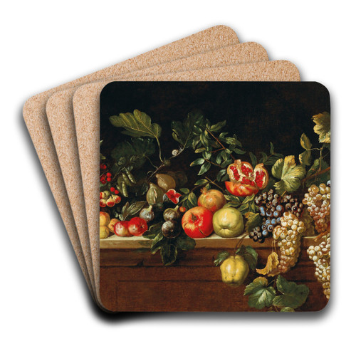 Apples, grapes, figs and pomegranates and other fruit on a ledge by Agostino Verrocchio Art Drink Coaster set Apples, grapes, figs and pomegranates and other fruit on a ledge by Agostino Verrocchio Art Drink Coaster set
