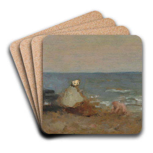 Femme et Enfant au Bord de la Mer, tretat by Jean-Baptiste-Camille Corot Art Drink Coaster set