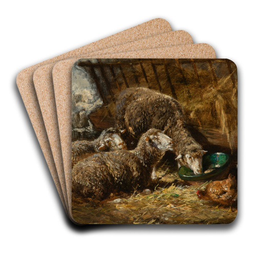 Sheep and chickens in a stable by Charles Emile Jacque Art Drink Coaster set