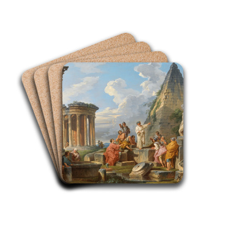 A Capriccio with Saint Paul Preaching to the Romans, with the Temple of Vesta and Pyramid of Caius Cestius by Giovanni Paolo Panini Drink Coasters - set of 4