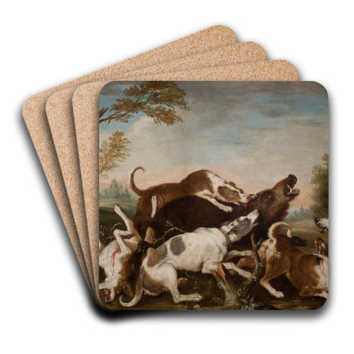 Hunting Scene (Dogs Attacking Wild Boar) by Joseph Anton Harzath Art Drink Coaster set