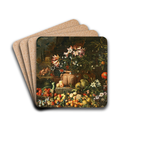 Still life of flowers with fruits, putti and animals by Abraham Brueghel Drink Coasters - set of 4
