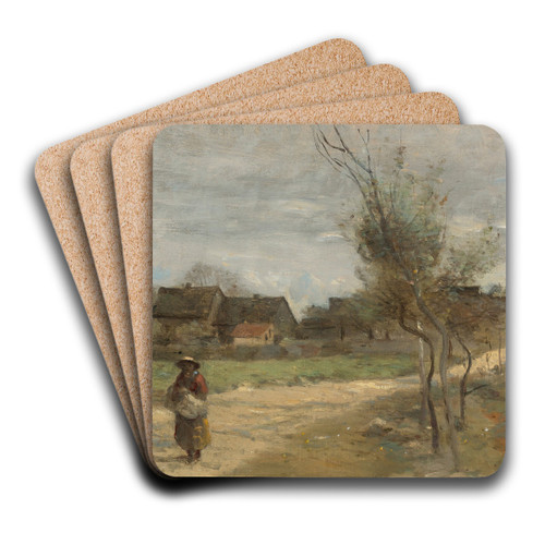Paysanne Sur Une Route En Vue D'un Village by Jean-Baptiste-Camille Corot Art Drink Coaster set Paysanne Sur Une Route En Vue D'un Village by Jean-Baptiste-Camille Corot Art Drink Coaster set