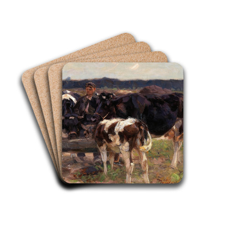 A Shepherd with Cows near a Watering Place by Heinrich Von Zgel Drink Coasters - set of 4