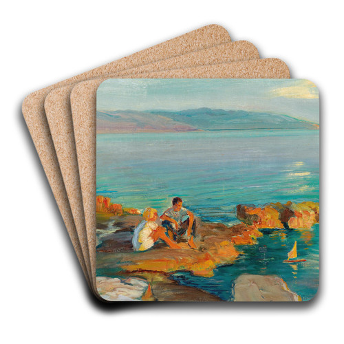 Children on the beach by Menci Clement Crni Art Drink Coaster set