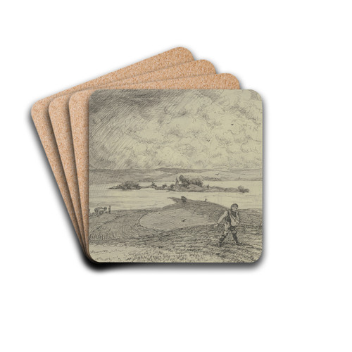 Landschaft mit Smann, im Hintergrund ein See mit Insel by Hans Thoma Drink Coasters - set of 4