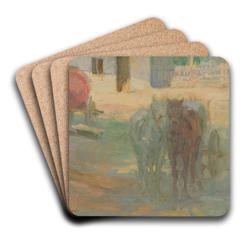 Farm Yard with Yoked Horses by Elemr Halsz-Hradil Art Drink Coaster set