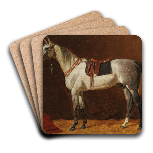 A Saddled White Horse in a Stable by Emil Volkers Art Drink Coaster set