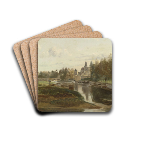 Vue de Moret-sur-Loing by Jean-Baptiste-Camille Corot Drink Coasters - set of 4 Vue de Moret-sur-Loing by Jean-Baptiste-Camille Corot Drink Coasters - set of 4