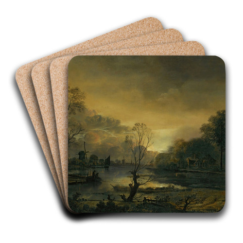 A River Landscape At Sunset With Fishermen Drawing In Their Net In The Foreground, Windmills Beyond by Aert van der Neer Art Drink Coaster set A River Landscape At Sunset With Fishermen Drawing In Their Net In The Foreground, Windmills Beyond by Aert van der Neer Art Drink Coaster set