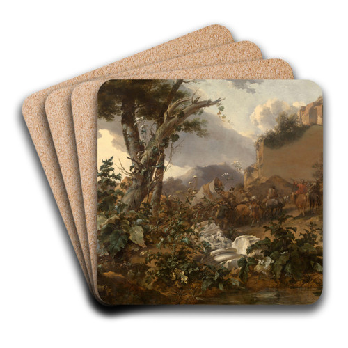 Italian Landscape with a Cavalry Battle by Nicolaes Pietersz. Berchem Art Drink Coaster set Italian Landscape with a Cavalry Battle by Nicolaes Pietersz. Berchem Art Drink Coaster set