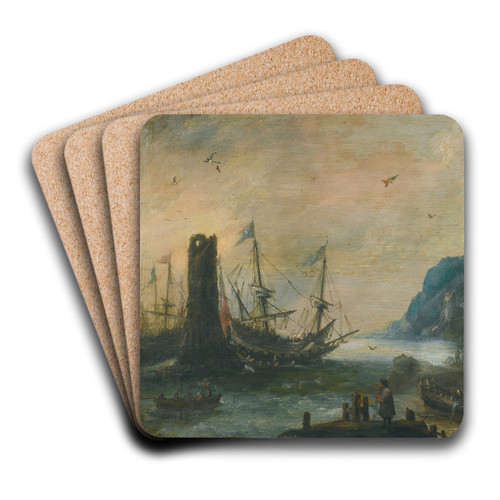 A mediterranean coastal scene with a tower, ships, and figures on the shore by Andries van Eertvelt Art Drink Coaster set A mediterranean coastal scene with a tower, ships, and figures on the shore by Andries van Eertvelt Art Drink Coaster set