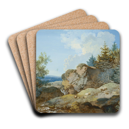 Waldlandschaft im Gebirge mit Herde und Gewsser by Johann Georg Wagner Art Drink Coaster set