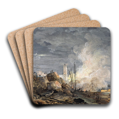 Fire in the Port by Louis Gabriel Moreau Art Drink Coaster set Fire in the Port by Louis Gabriel Moreau Art Drink Coaster set