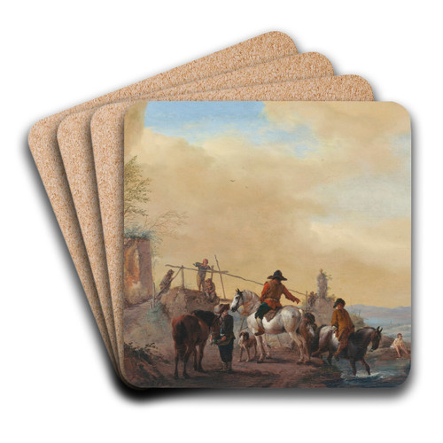Riders and horses resting by a river by Philips Wouwerman Art Drink Coaster set