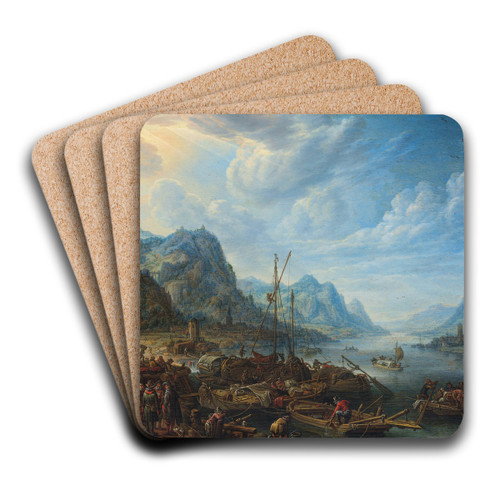 View of a River with Boat Moorings by Herman Saftleven Art Drink Coaster set