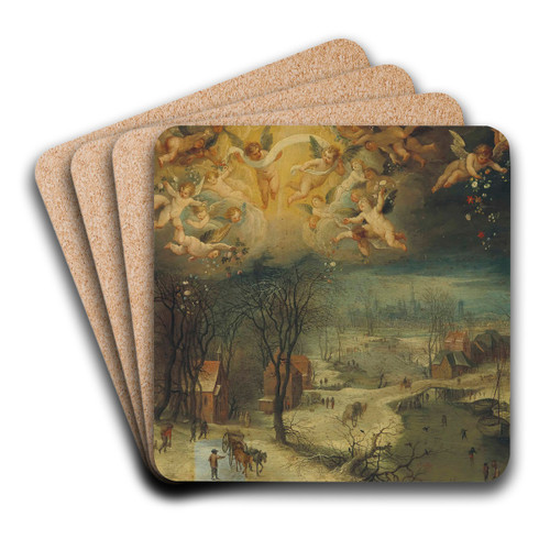 A winter landscape with villagers gathering wood and skaters on a frozen river, putti scattering flowers above by Jan Brueghel The Elder Art Drink Coaster set