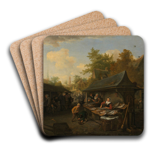 Fish Market by Cornelis Dusart Art Drink Coaster set Fish Market by Cornelis Dusart Art Drink Coaster set