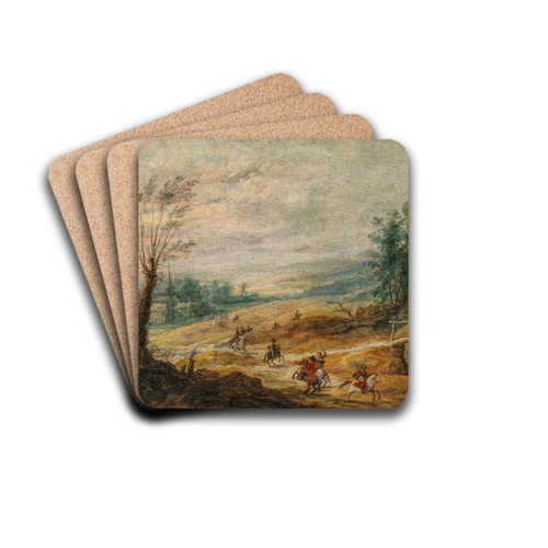 An extensive mountainous landscape with horsemen chasing a thief by Joos de Momper Drink Coasters - set of 4
