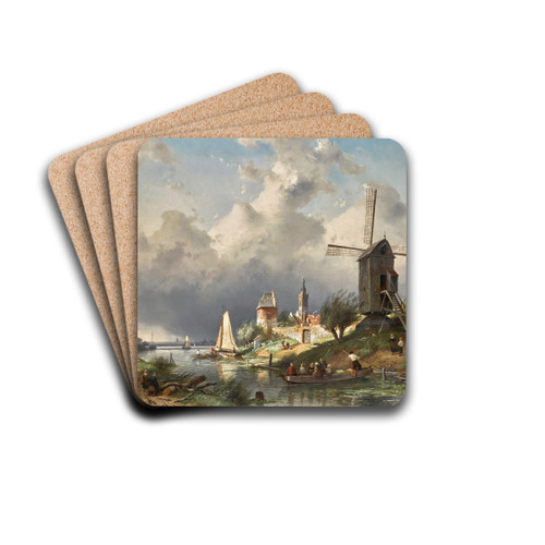 River Landscape With Windmill by Charles Leickert Drink Coasters - set of 4