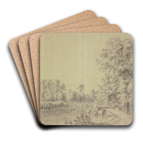 Ein Teich mit Bumen eingefasst, rechts bei einer Brcke auf einer Ruhebank sitzt ein Mann mit einem Hund by Antonie Waterloo Art Drink Coaster set
