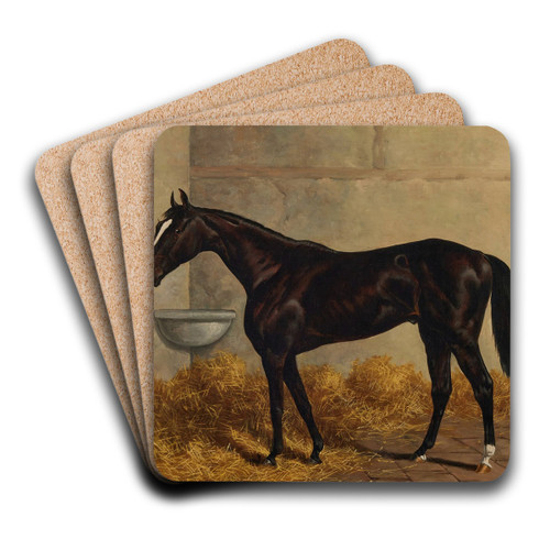 Longfellow (A Dark Bay Racehorse) in a Stable by Henry Stull Art Drink Coaster set