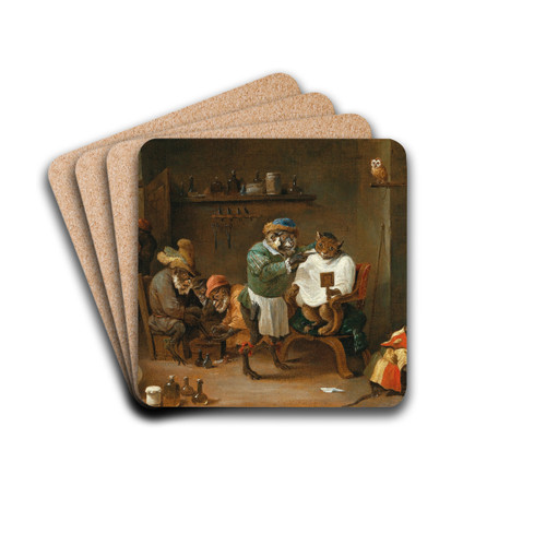 A cat in a barber shop, run by monkeys by Abraham Teniers Drink Coasters - set of 4