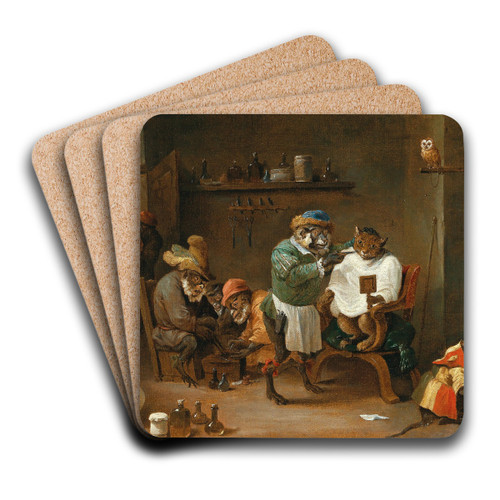 A cat in a barber shop, run by monkeys by Abraham Teniers Art Drink Coaster set