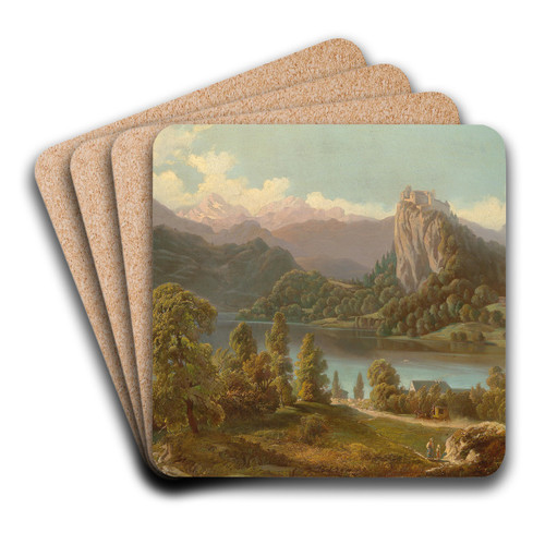 View Of The Castle And Island With St Marys Church On Lake Bled by Anton Karinger Art Drink Coaster set View Of The Castle And Island With St Marys Church On Lake Bled by Anton Karinger Art Drink Coaster set
