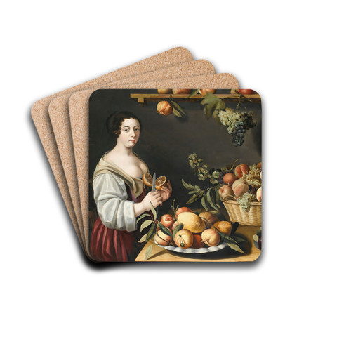 Still life with fruits and a young woman by Louise Moillon Drink Coasters - set of 4 Still life with fruits and a young woman by Louise Moillon Drink Coasters - set of 4