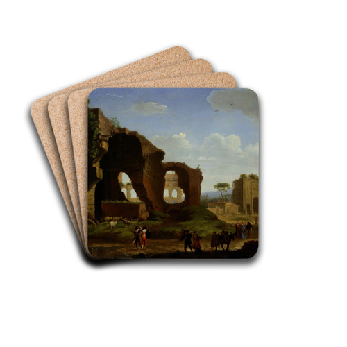 A Roman View of the Ruins of the Temple of Venus and Rome with the Colosseum and the Arch of Constan... by Herman van Swanevelt Drink Coasters - set of 4