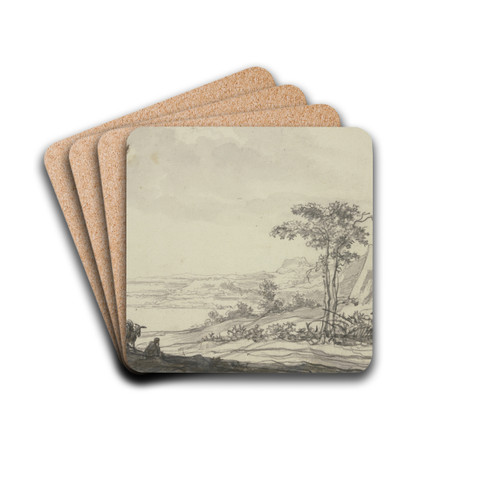 Gebirgslandschaft am Meer, links ein sitzender Mann bei einem Esel by Aelbert Cuyp Drink Coasters - set of 4