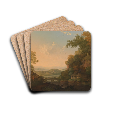 A River Scene with Thatched Huts by a Bridge over a Weir by James Lambert of Lewes Drink Coasters - set of 4