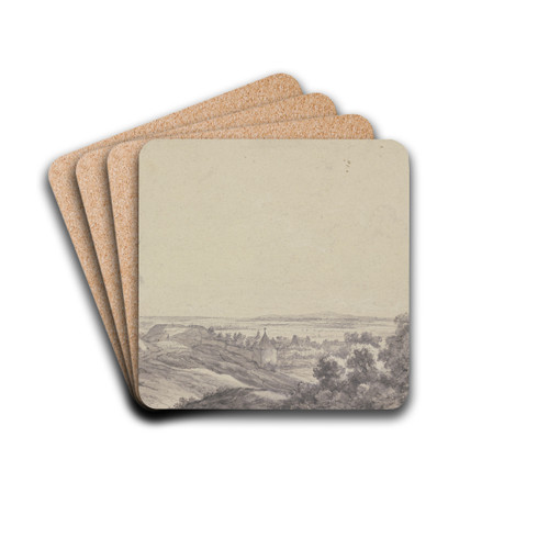 Landschaft, links ein Turm, einige Mauern und Huser, rechts Gebsch, Fernsicht by Antonie Waterloo Drink Coasters - set of 4